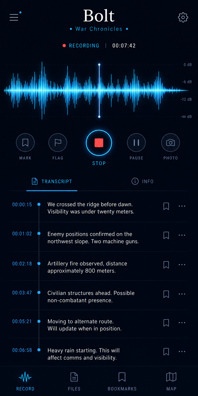 Bolt mobile app interface showing a recording waveform and timestamped transcript